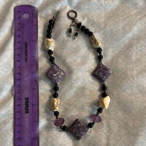 Elegant Purple and Black Beaded Necklace w/ earrings